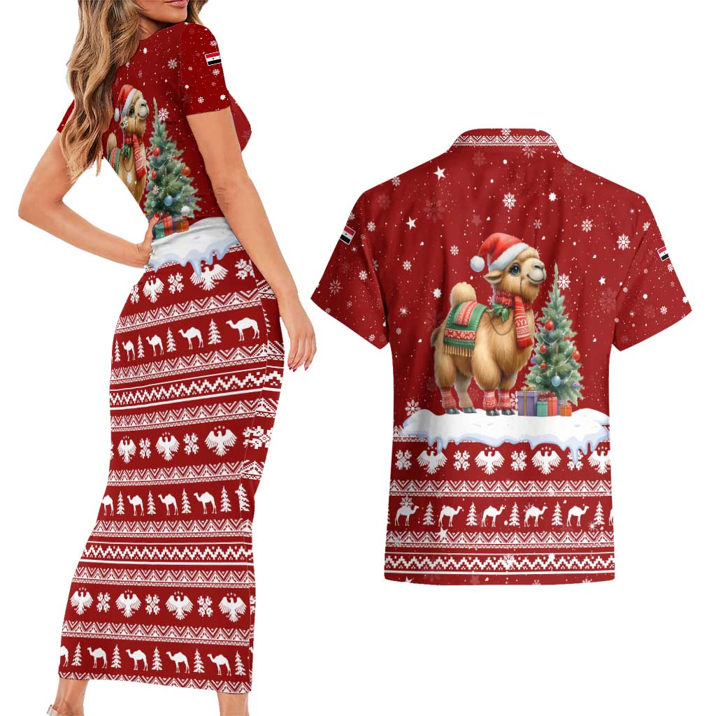 Syria Christmas Couples Matching Short Sleeve Bodycon Dress and Hawaiian Shirt with Golden Eagle Emblem Christmas Camel Scene - Wonder Print Shop