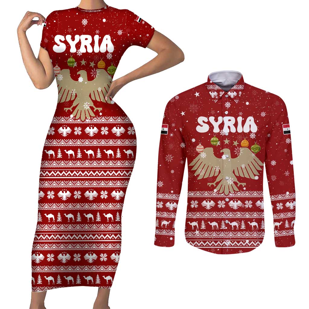 Syria Christmas Couples Matching Short Sleeve Bodycon Dress and Long Sleeve Button Shirt with Golden Eagle Emblem Christmas Camel Scene - Wonder Print Shop