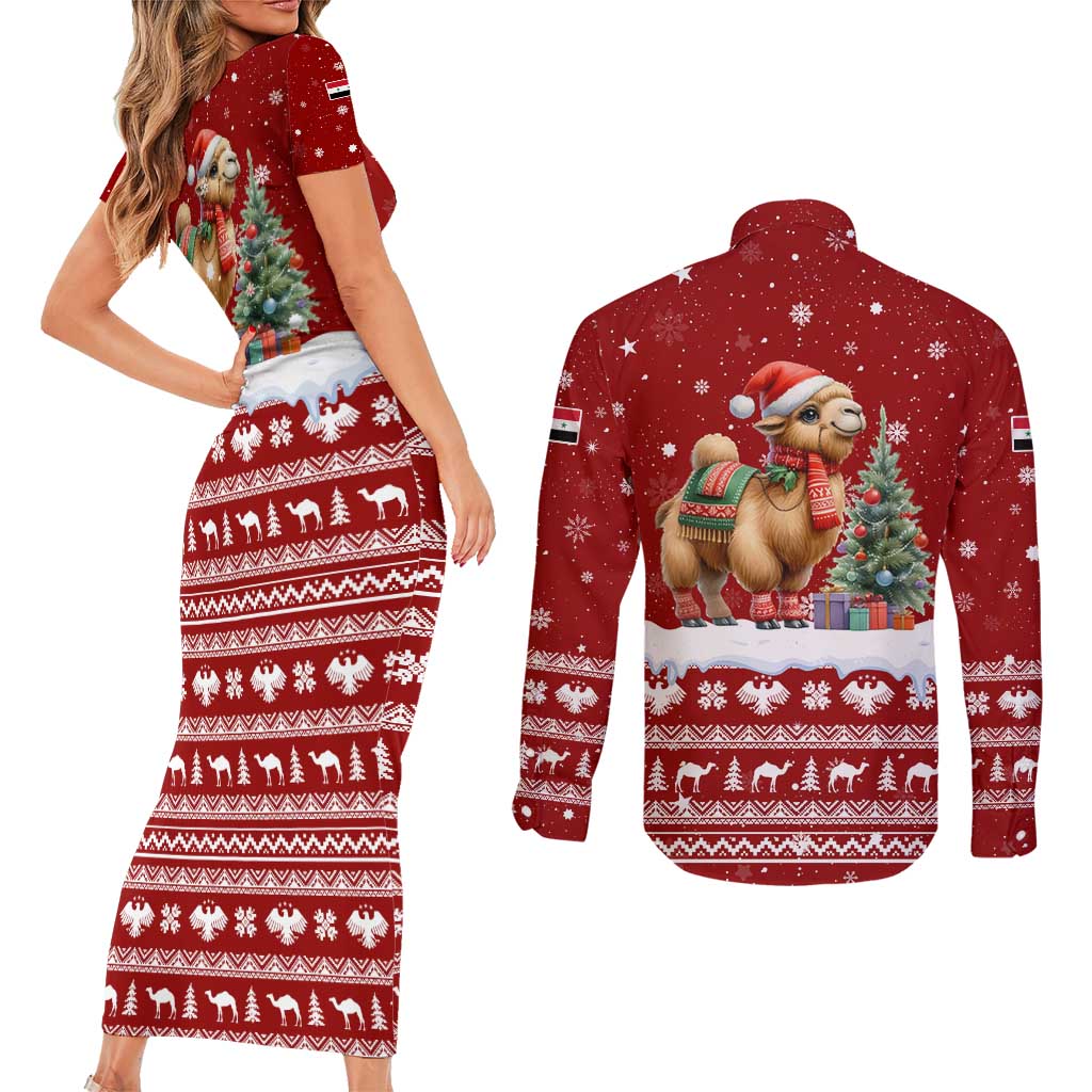 Syria Christmas Couples Matching Short Sleeve Bodycon Dress and Long Sleeve Button Shirt with Golden Eagle Emblem Christmas Camel Scene - Wonder Print Shop