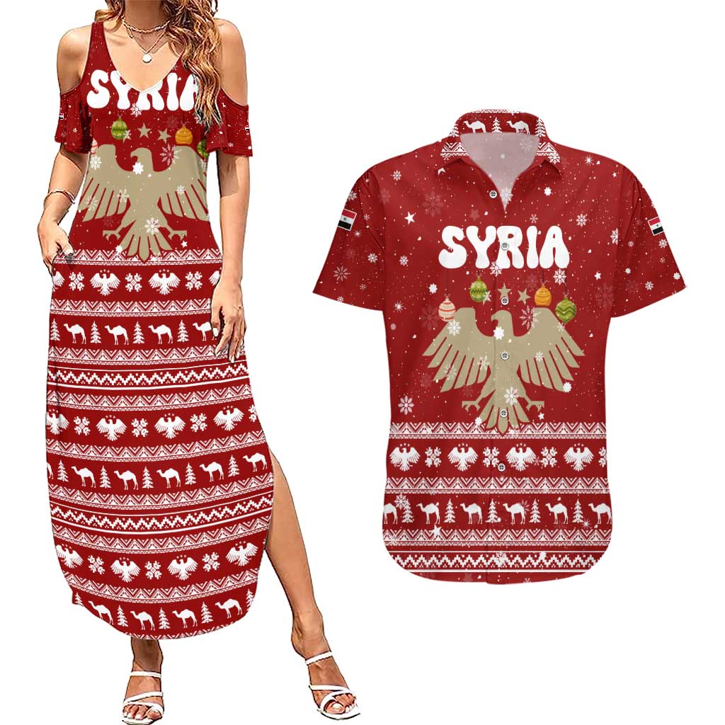 Syria Christmas Couples Matching Summer Maxi Dress and Hawaiian Shirt with Golden Eagle Emblem Christmas Camel Scene - Wonder Print Shop