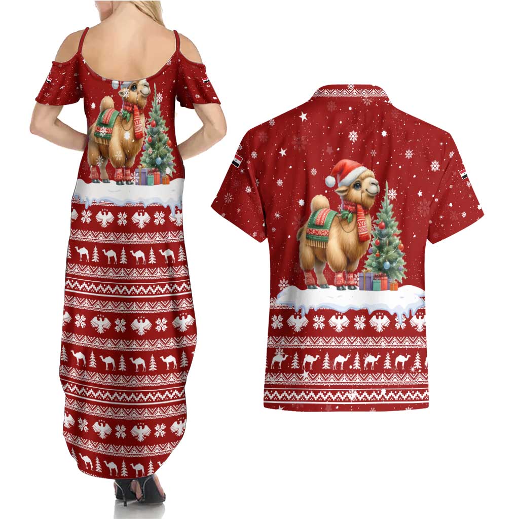Syria Christmas Couples Matching Summer Maxi Dress and Hawaiian Shirt with Golden Eagle Emblem Christmas Camel Scene - Wonder Print Shop