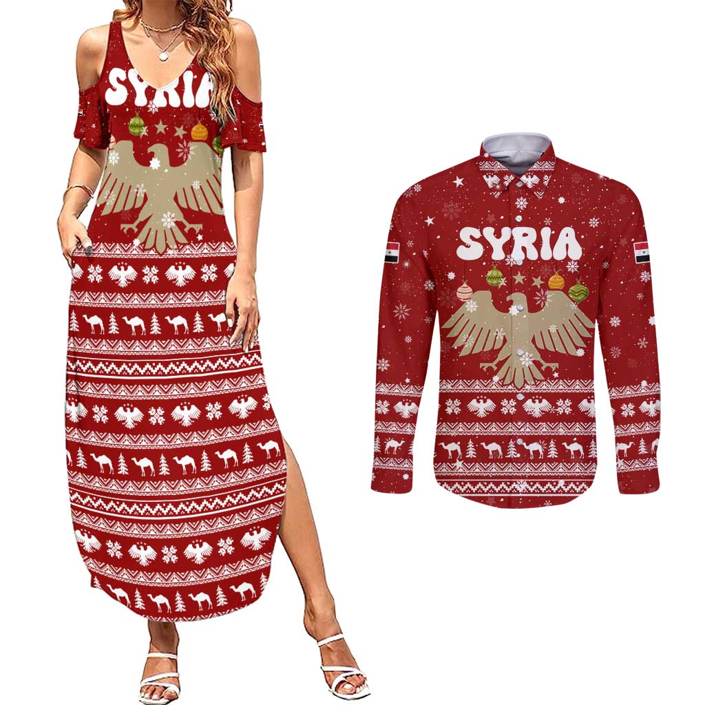Syria Christmas Couples Matching Summer Maxi Dress and Long Sleeve Button Shirt with Golden Eagle Emblem Christmas Camel Scene - Wonder Print Shop
