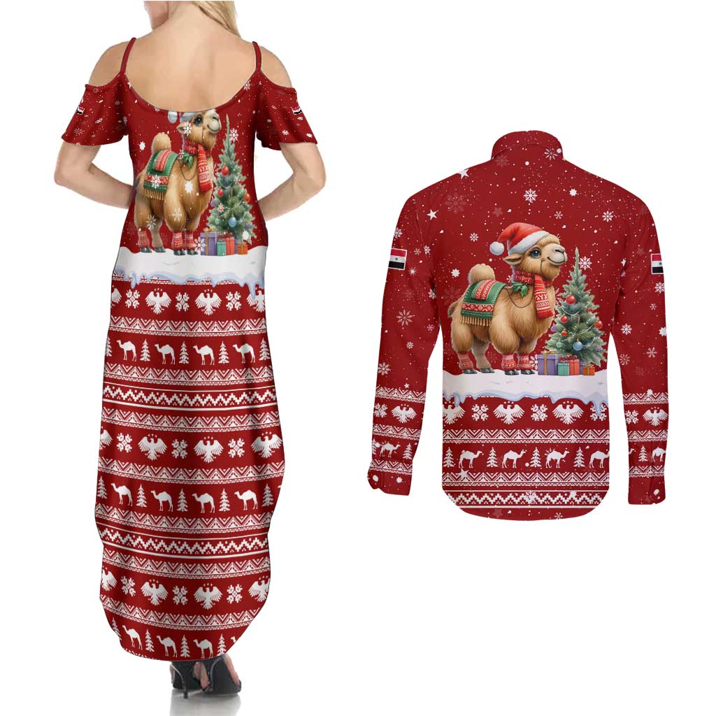 Syria Christmas Couples Matching Summer Maxi Dress and Long Sleeve Button Shirt with Golden Eagle Emblem Christmas Camel Scene - Wonder Print Shop