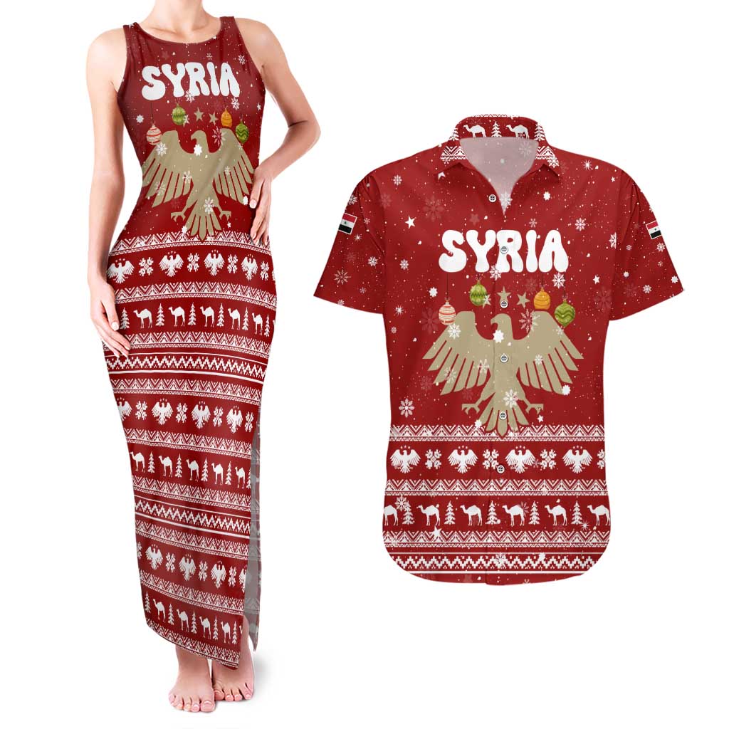 Syria Christmas Couples Matching Tank Maxi Dress and Hawaiian Shirt with Golden Eagle Emblem Christmas Camel Scene - Wonder Print Shop