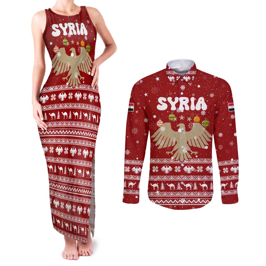 Syria Christmas Couples Matching Tank Maxi Dress and Long Sleeve Button Shirt with Golden Eagle Emblem Christmas Camel Scene - Wonder Print Shop