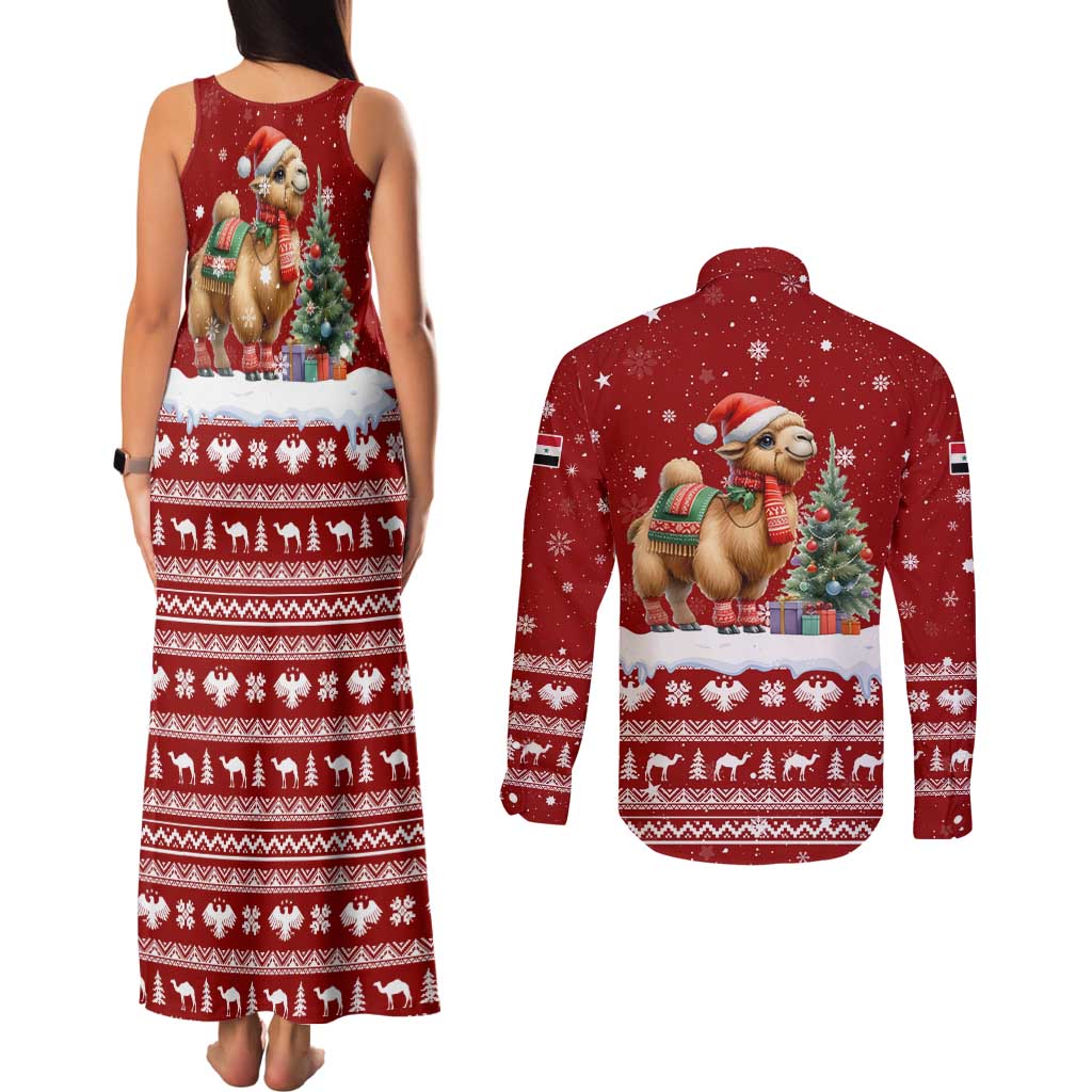 Syria Christmas Couples Matching Tank Maxi Dress and Long Sleeve Button Shirt with Golden Eagle Emblem Christmas Camel Scene - Wonder Print Shop