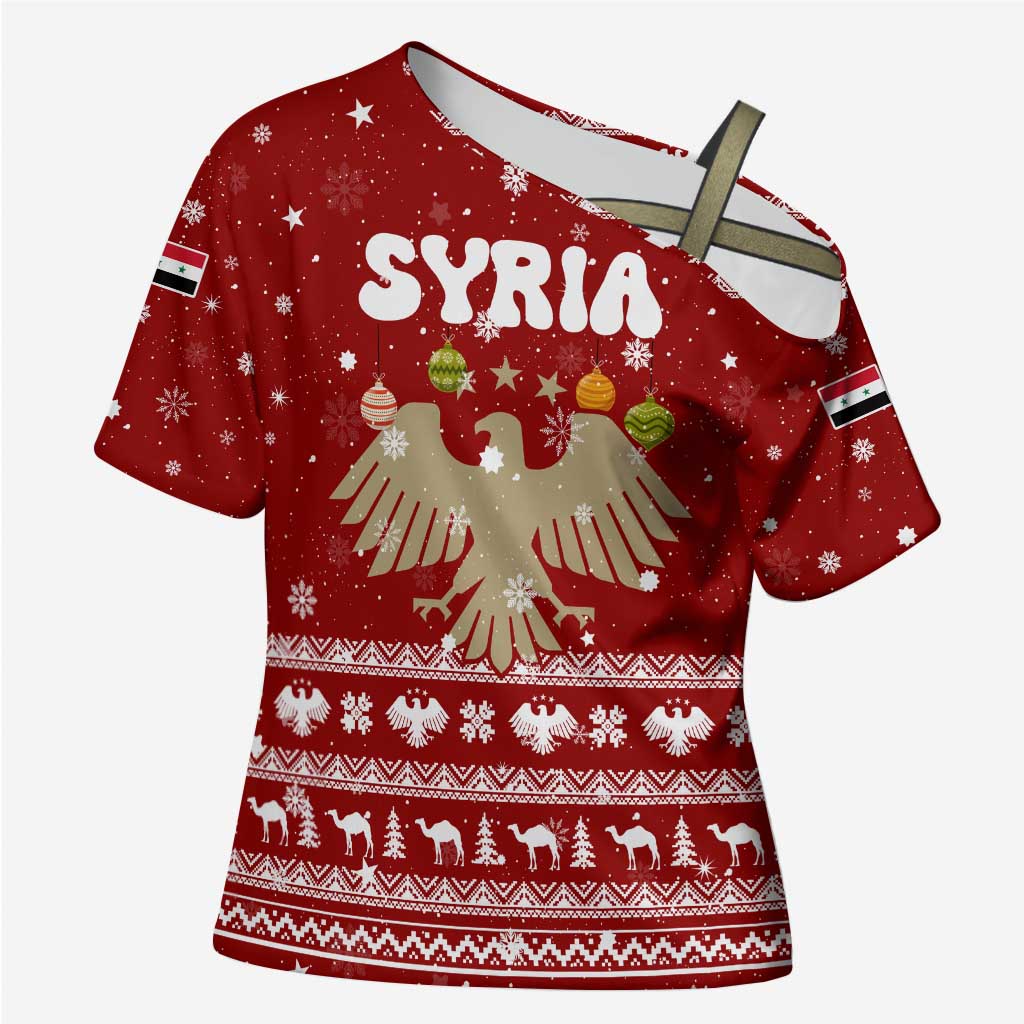 Syria Christmas Cross Shoulder Shirt with Golden Eagle Emblem Christmas Camel Scene - Wonder Print Shop