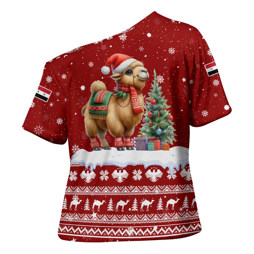 Syria Christmas Cross Shoulder Shirt with Golden Eagle Emblem Christmas Camel Scene - Wonder Print Shop