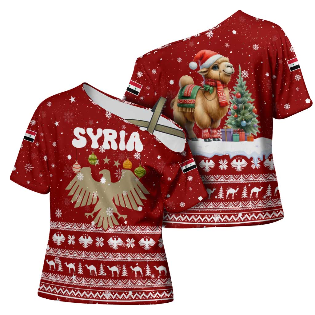 Syria Christmas Cross Shoulder Shirt with Golden Eagle Emblem Christmas Camel Scene - Wonder Print Shop