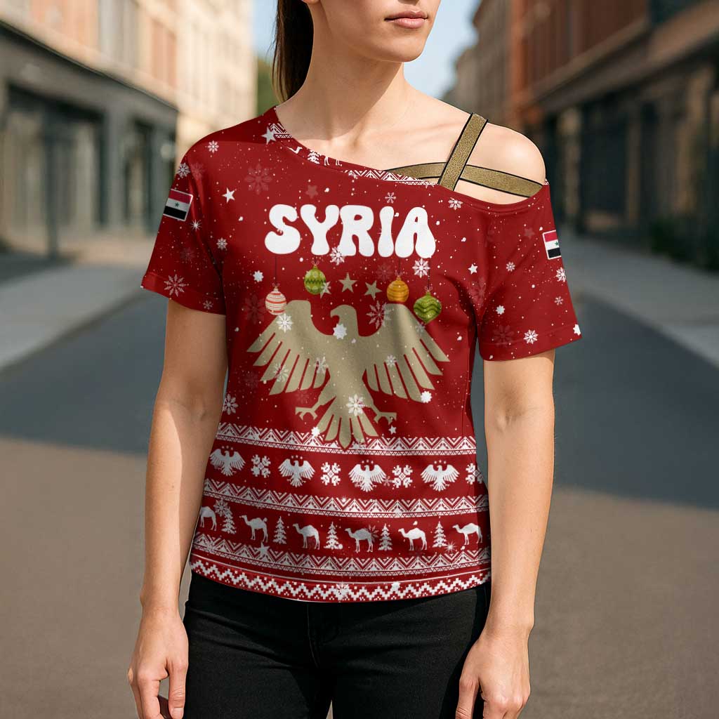 Syria Christmas Cross Shoulder Shirt with Golden Eagle Emblem Christmas Camel Scene - Wonder Print Shop