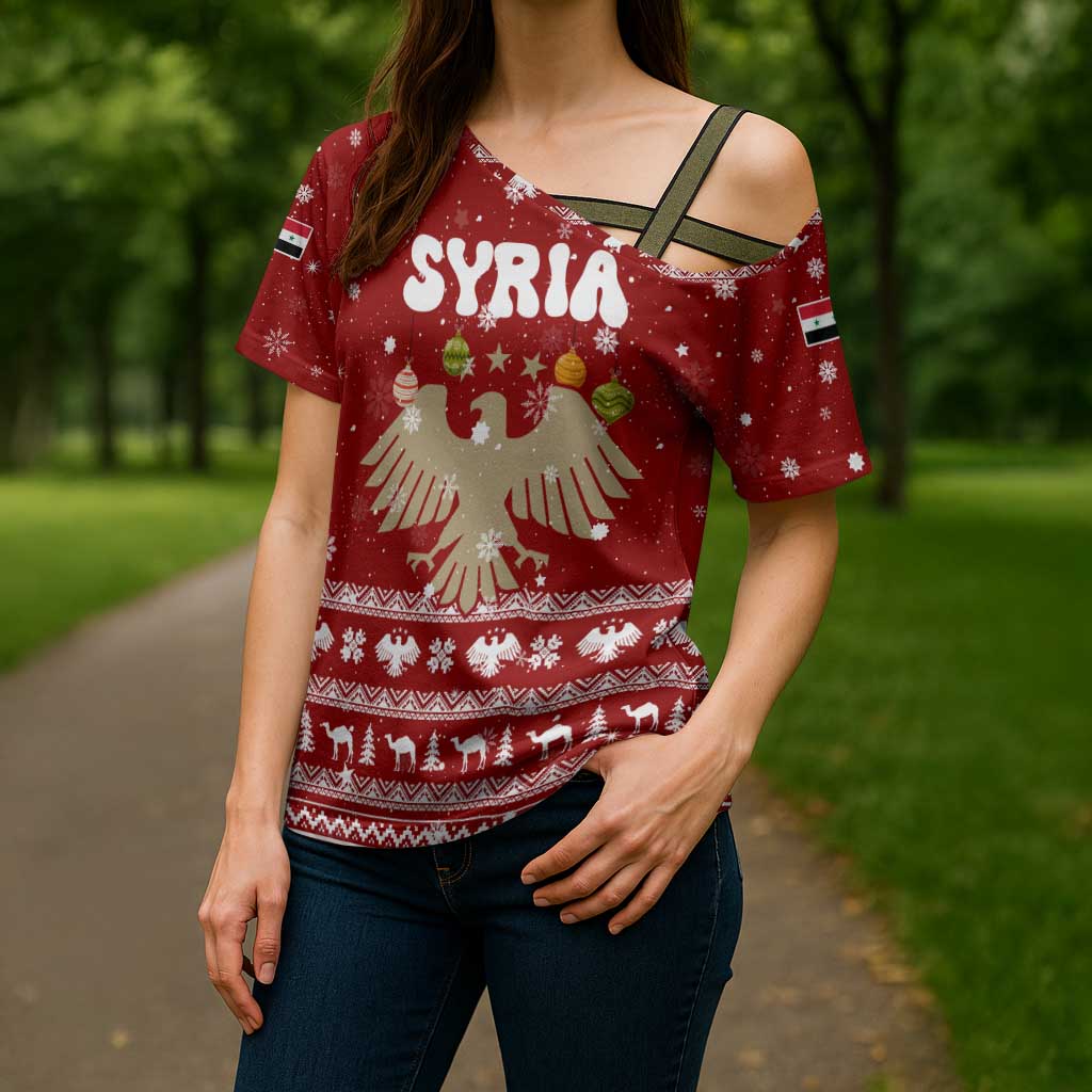 Syria Christmas Cross Shoulder Shirt with Golden Eagle Emblem Christmas Camel Scene - Wonder Print Shop