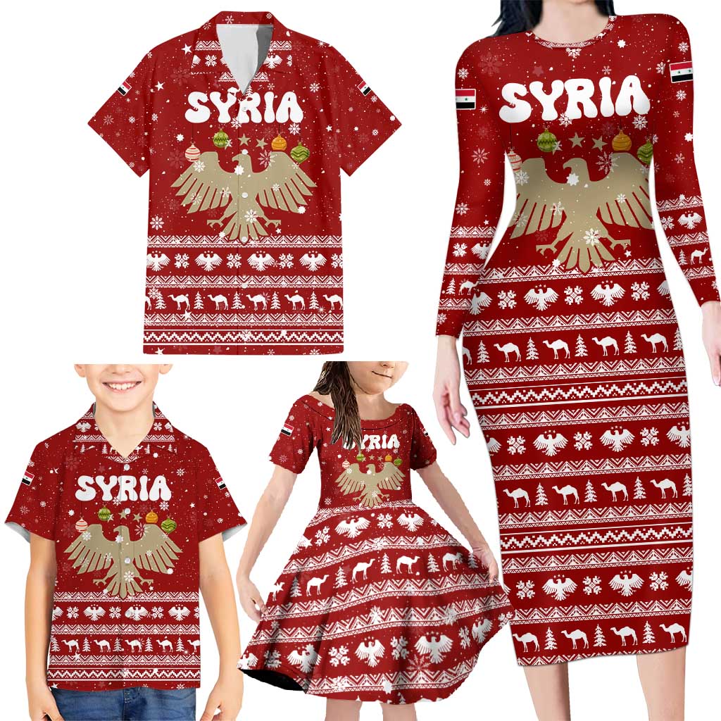 Syria Christmas Family Matching Long Sleeve Bodycon Dress and Hawaiian Shirt with Golden Eagle Emblem Christmas Camel Scene - Wonder Print Shop