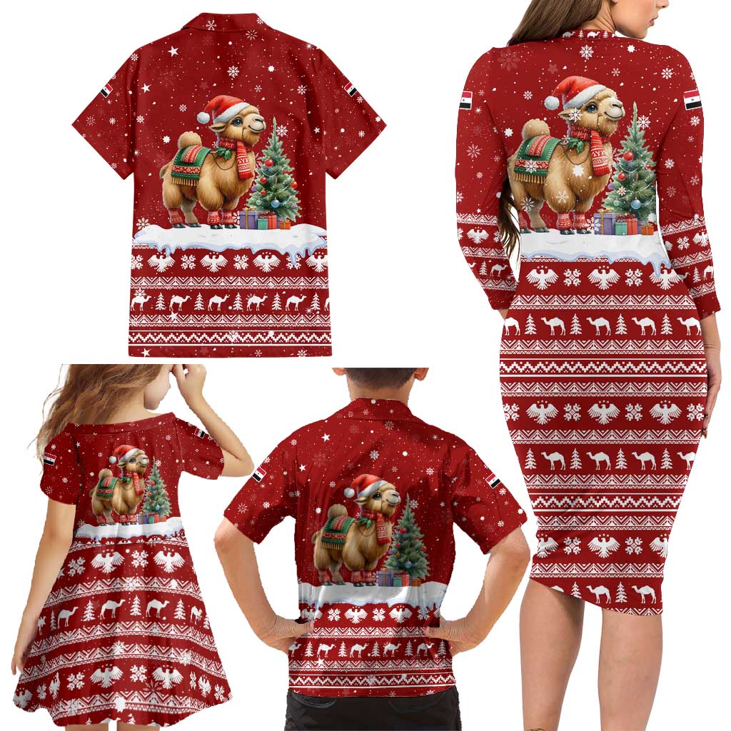 Syria Christmas Family Matching Long Sleeve Bodycon Dress and Hawaiian Shirt with Golden Eagle Emblem Christmas Camel Scene - Wonder Print Shop