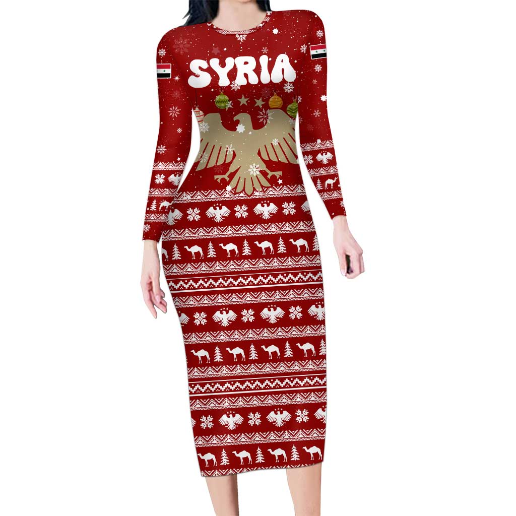 Syria Christmas Family Matching Long Sleeve Bodycon Dress and Hawaiian Shirt with Golden Eagle Emblem Christmas Camel Scene - Wonder Print Shop