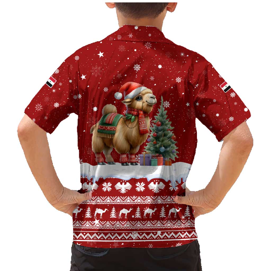 Syria Christmas Family Matching Mermaid Dress and Hawaiian Shirt with Golden Eagle Emblem Christmas Camel Scene - Wonder Print Shop