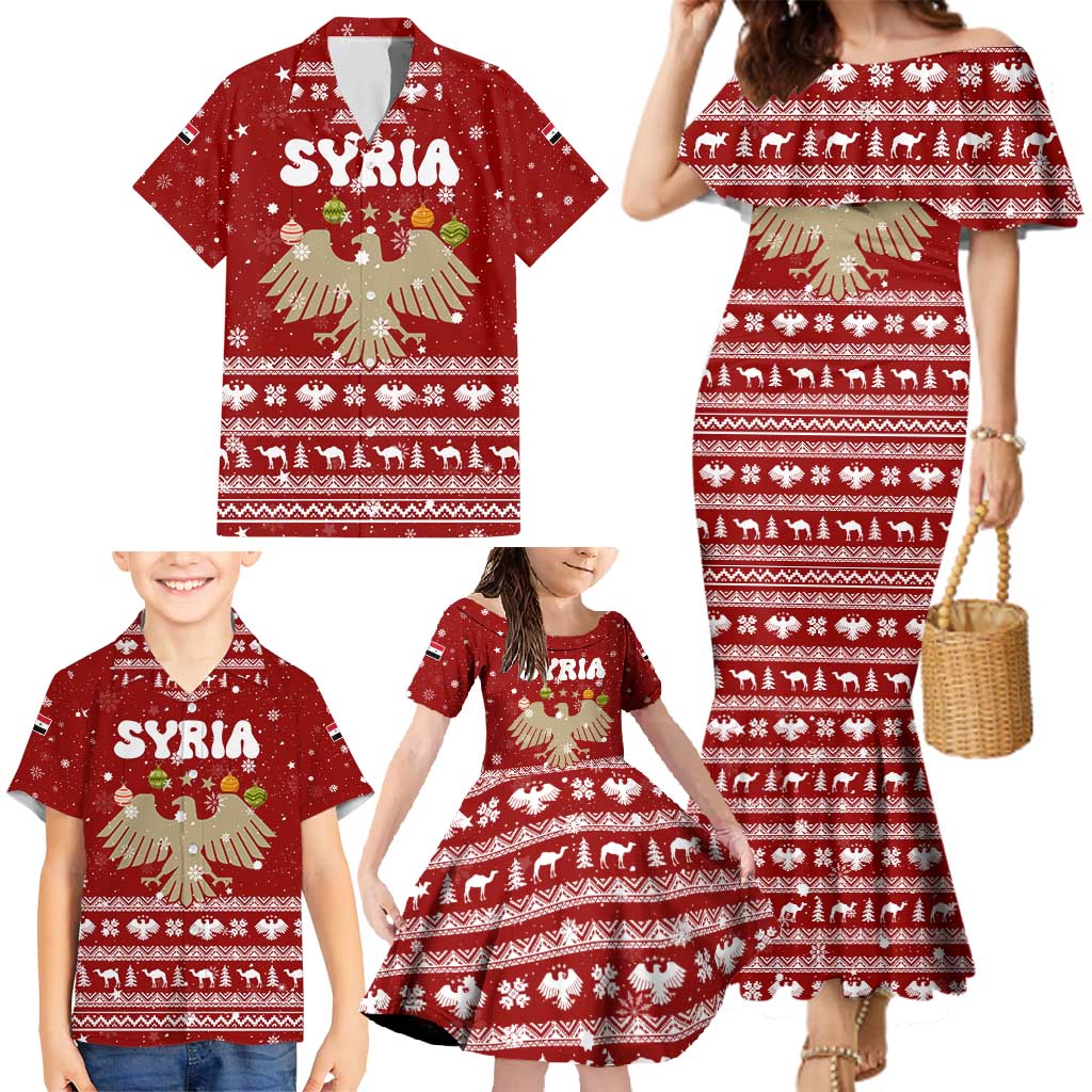 Syria Christmas Family Matching Mermaid Dress and Hawaiian Shirt with Golden Eagle Emblem Christmas Camel Scene - Wonder Print Shop