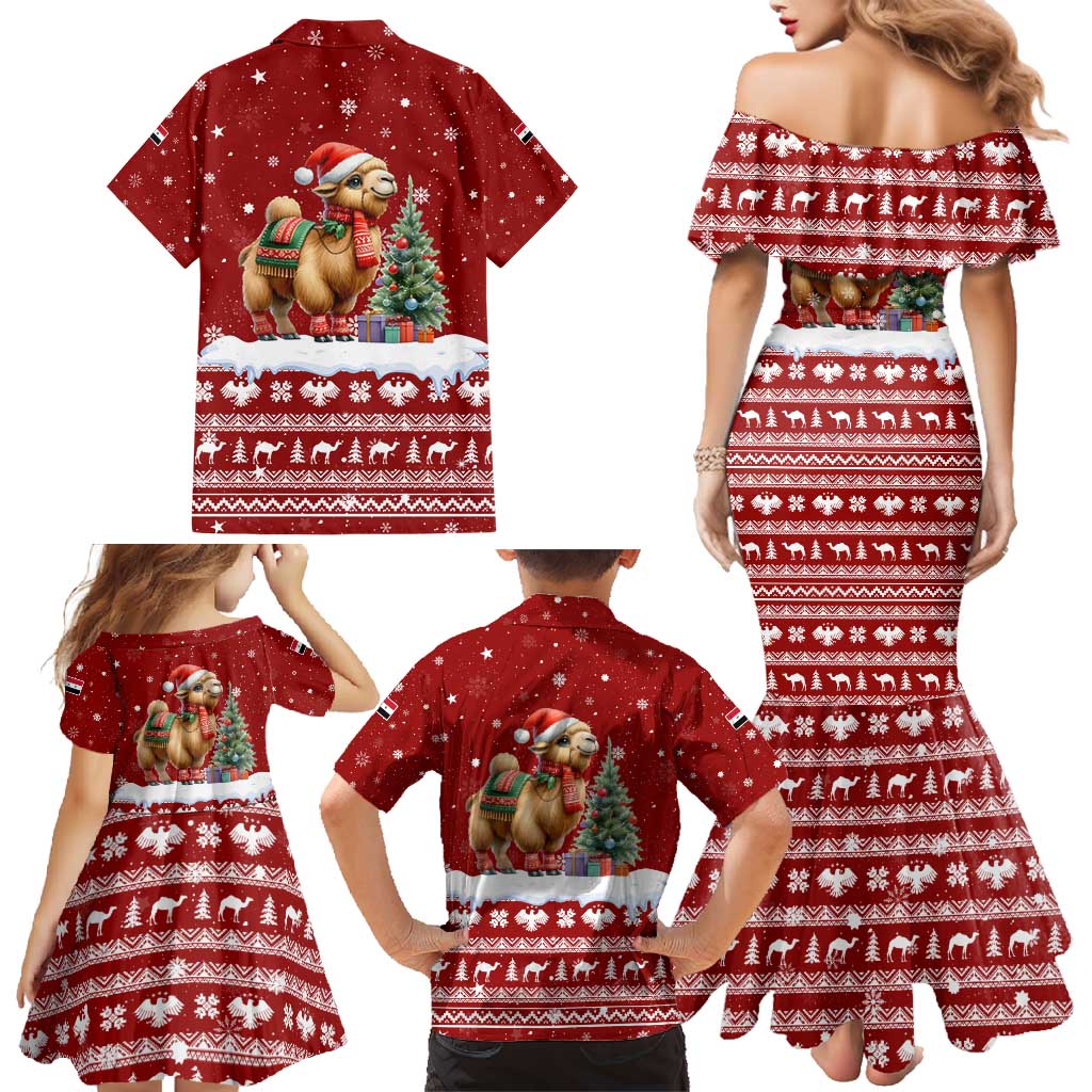 Syria Christmas Family Matching Mermaid Dress and Hawaiian Shirt with Golden Eagle Emblem Christmas Camel Scene - Wonder Print Shop