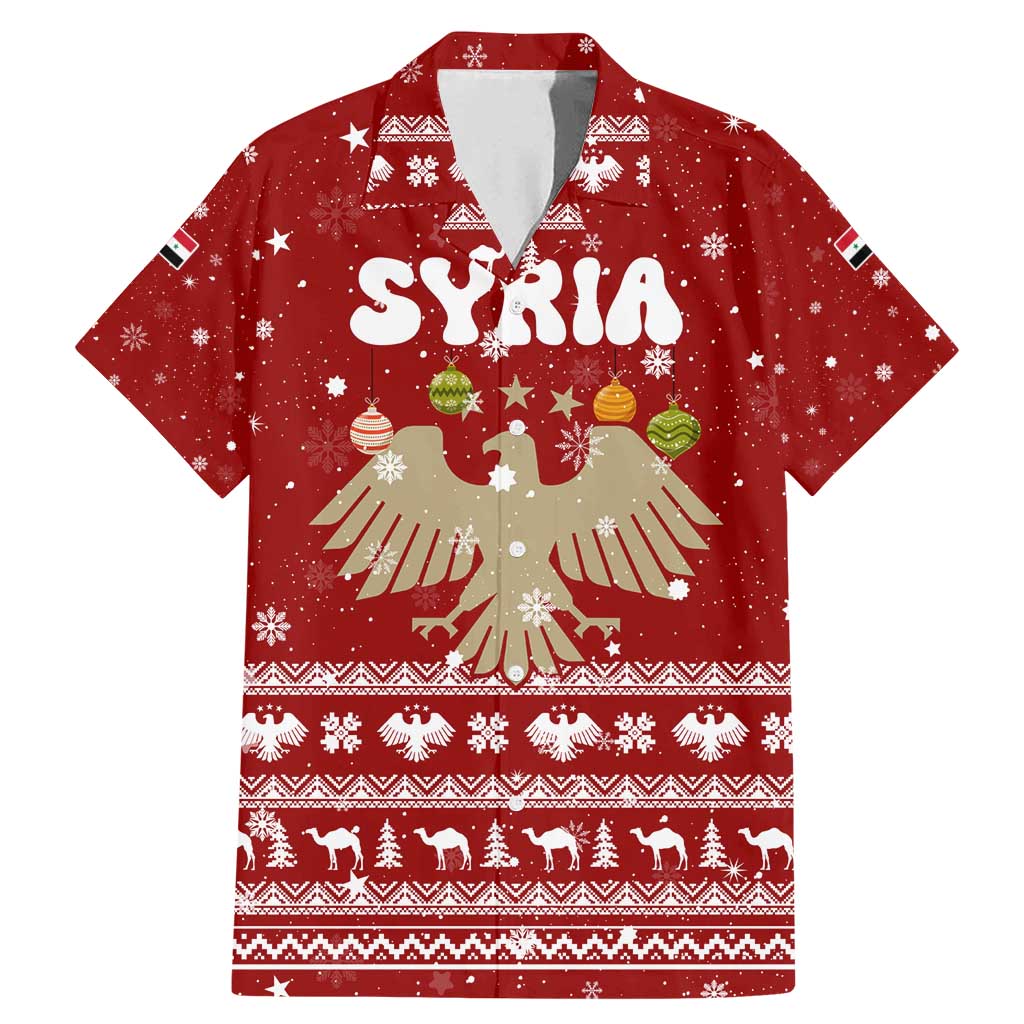 Syria Christmas Family Matching Mermaid Dress and Hawaiian Shirt with Golden Eagle Emblem Christmas Camel Scene - Wonder Print Shop