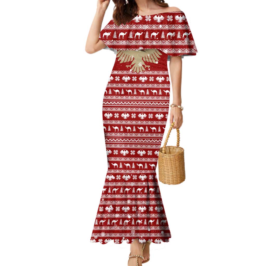 Syria Christmas Family Matching Mermaid Dress and Hawaiian Shirt with Golden Eagle Emblem Christmas Camel Scene - Wonder Print Shop