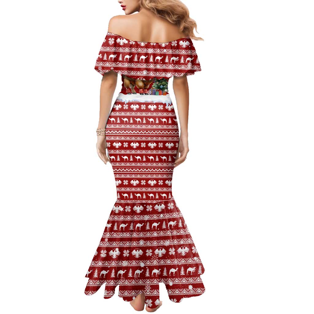 Syria Christmas Family Matching Mermaid Dress and Hawaiian Shirt with Golden Eagle Emblem Christmas Camel Scene - Wonder Print Shop