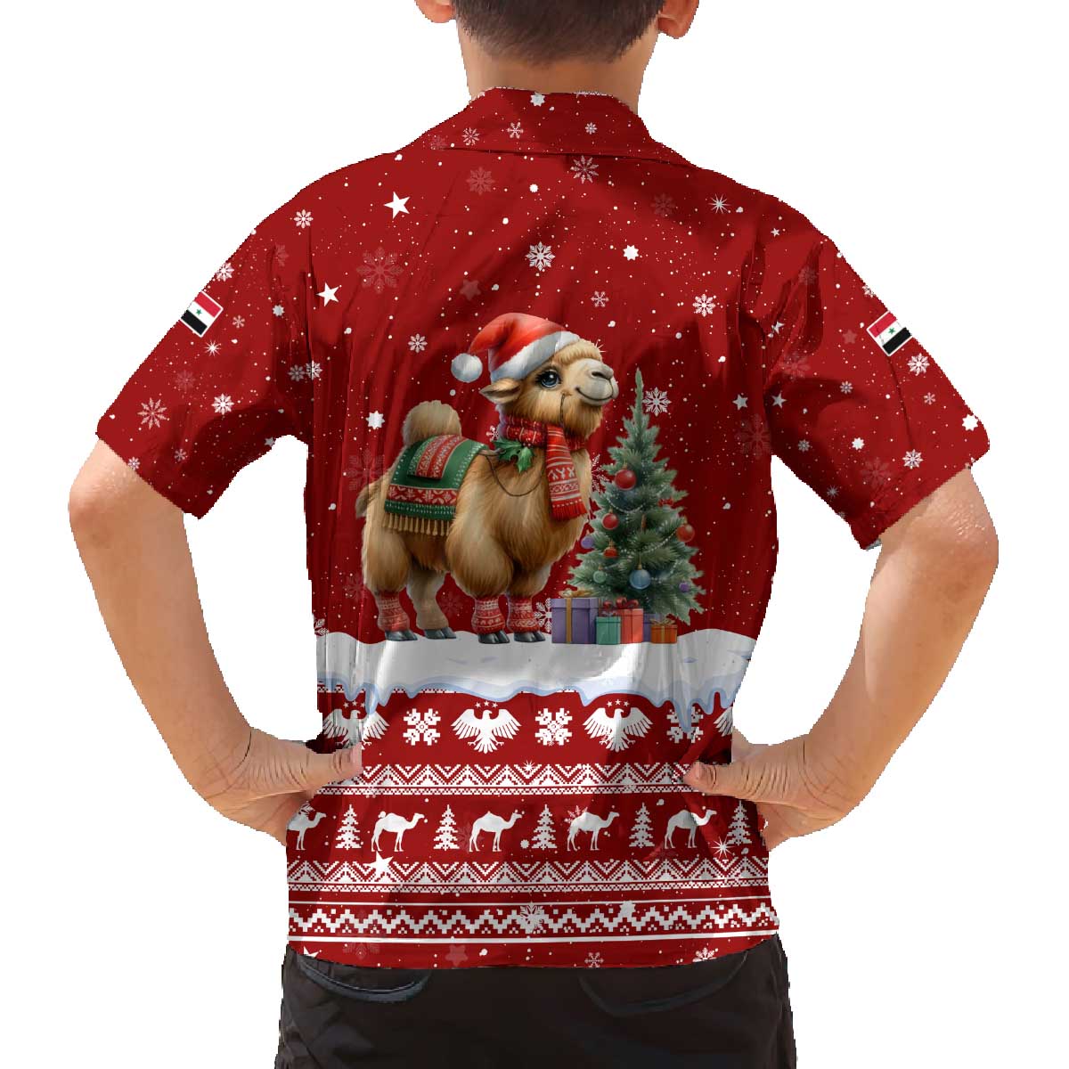 Syria Christmas Family Matching Off The Shoulder Long Sleeve Dress and Hawaiian Shirt with Golden Eagle Emblem Christmas Camel Scene - Wonder Print Shop