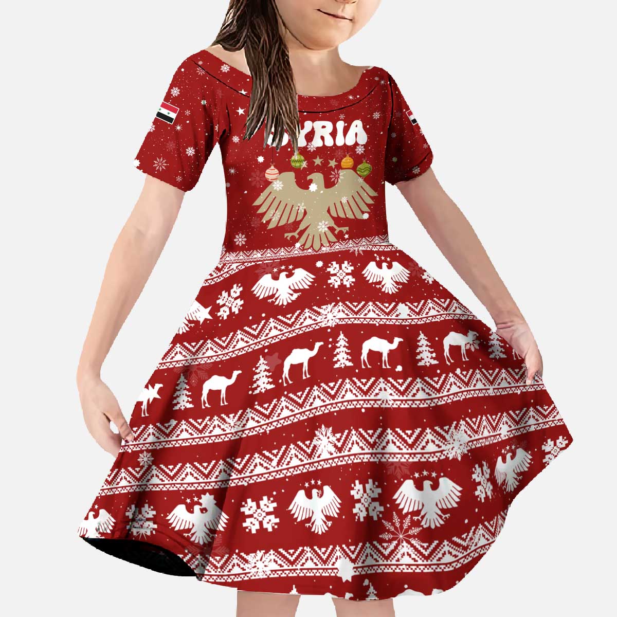 Syria Christmas Family Matching Off The Shoulder Long Sleeve Dress and Hawaiian Shirt with Golden Eagle Emblem Christmas Camel Scene - Wonder Print Shop