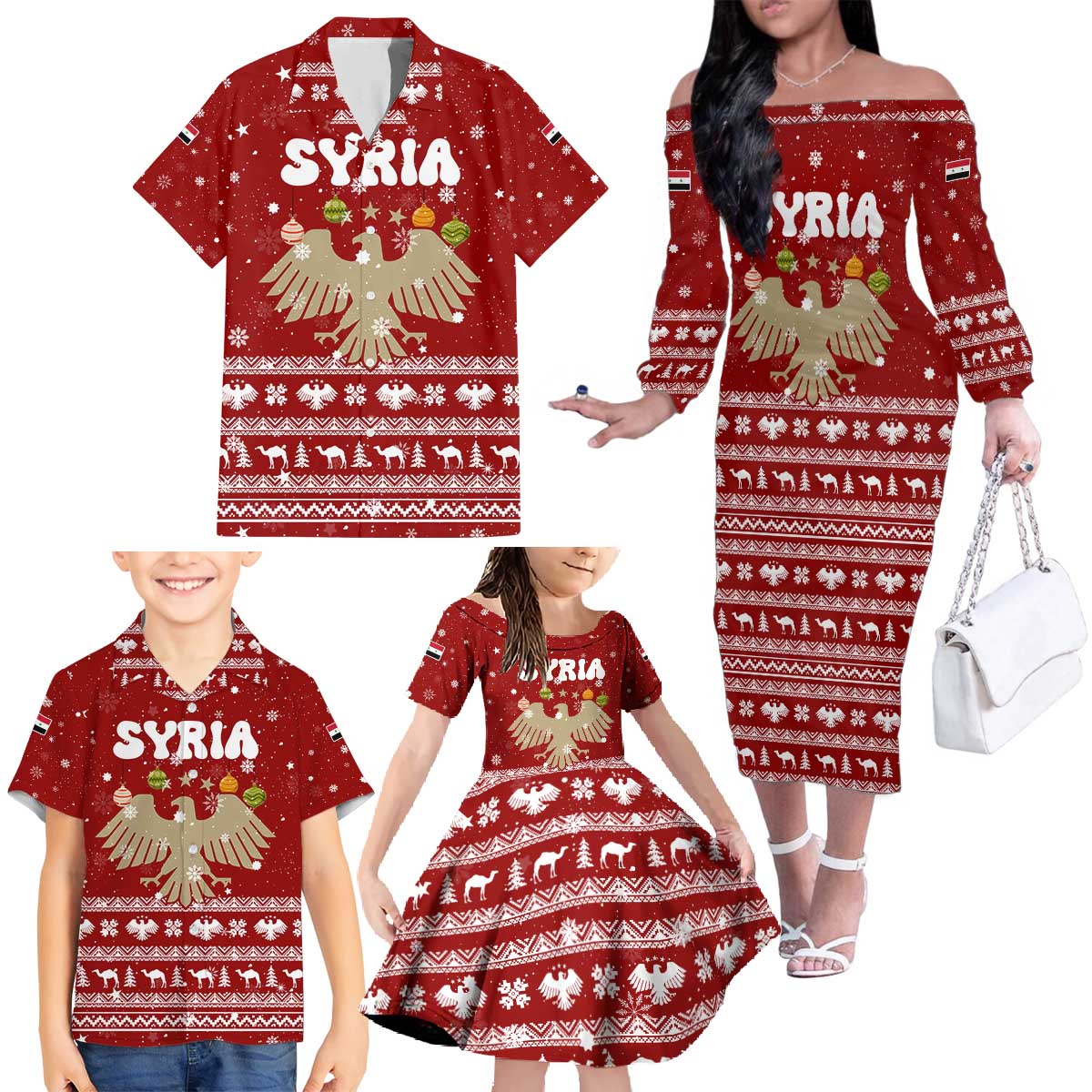 Syria Christmas Family Matching Off The Shoulder Long Sleeve Dress and Hawaiian Shirt with Golden Eagle Emblem Christmas Camel Scene - Wonder Print Shop