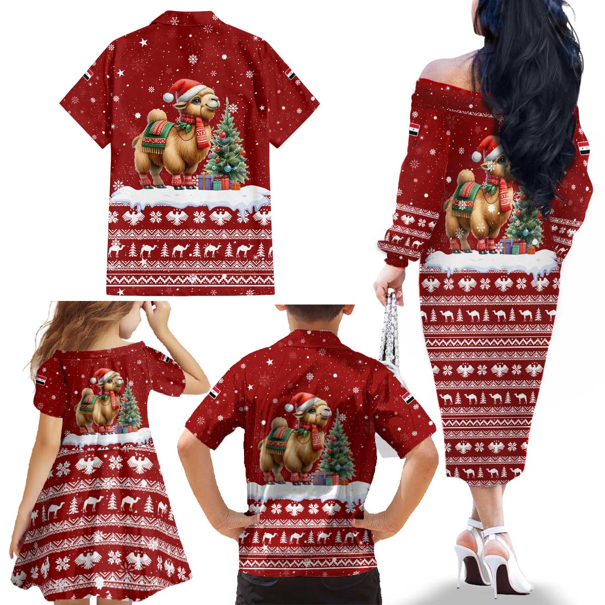Syria Christmas Family Matching Off The Shoulder Long Sleeve Dress and Hawaiian Shirt with Golden Eagle Emblem Christmas Camel Scene - Wonder Print Shop