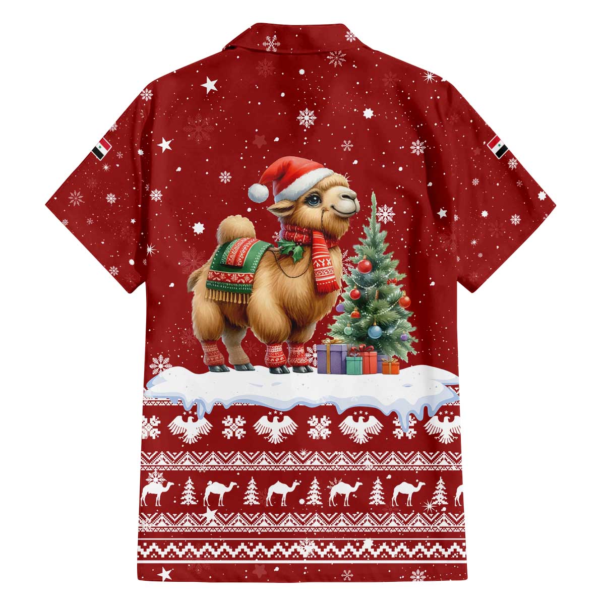 Syria Christmas Family Matching Off The Shoulder Long Sleeve Dress and Hawaiian Shirt with Golden Eagle Emblem Christmas Camel Scene - Wonder Print Shop