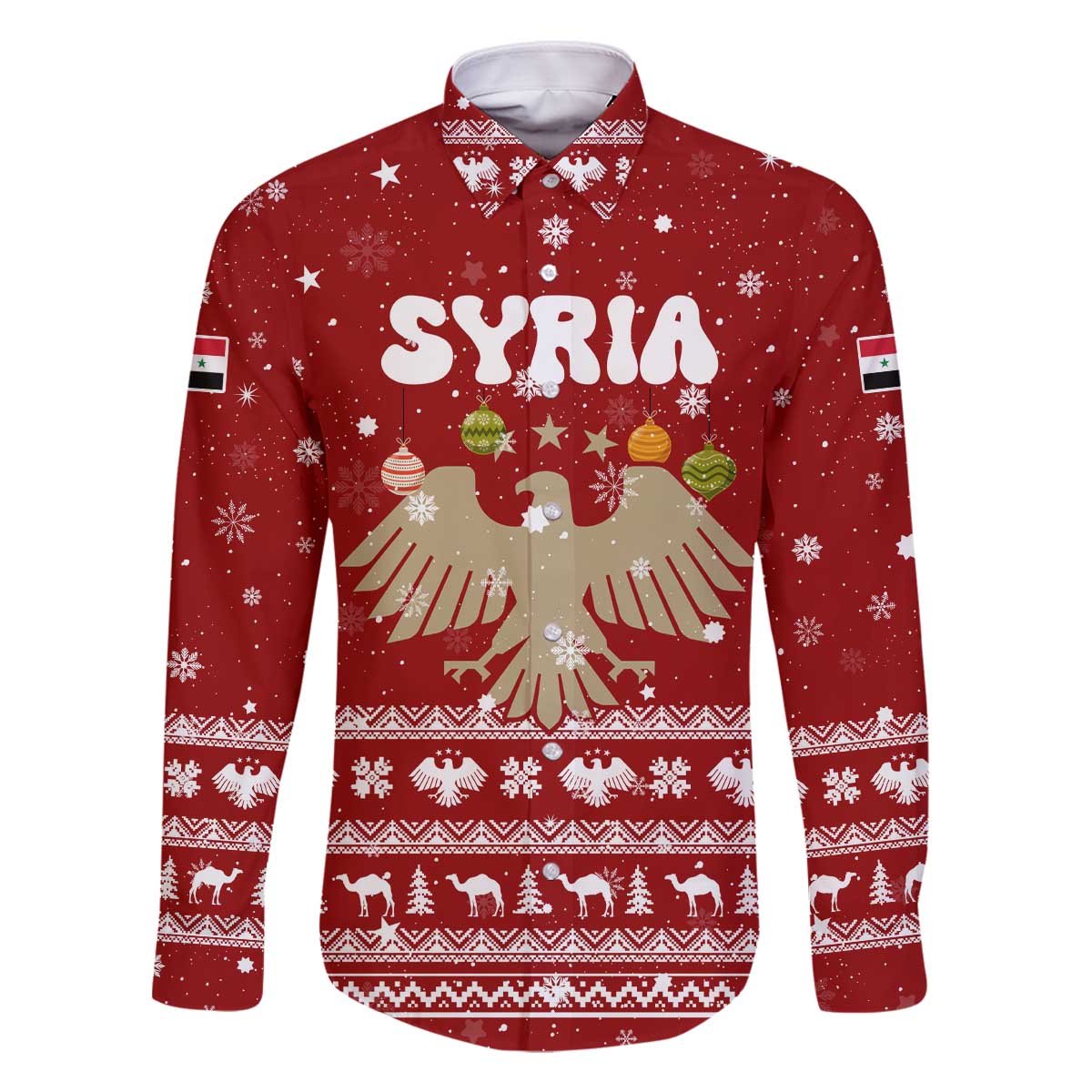 Syria Christmas Family Matching Off The Shoulder Long Sleeve Dress and Hawaiian Shirt with Golden Eagle Emblem Christmas Camel Scene - Wonder Print Shop