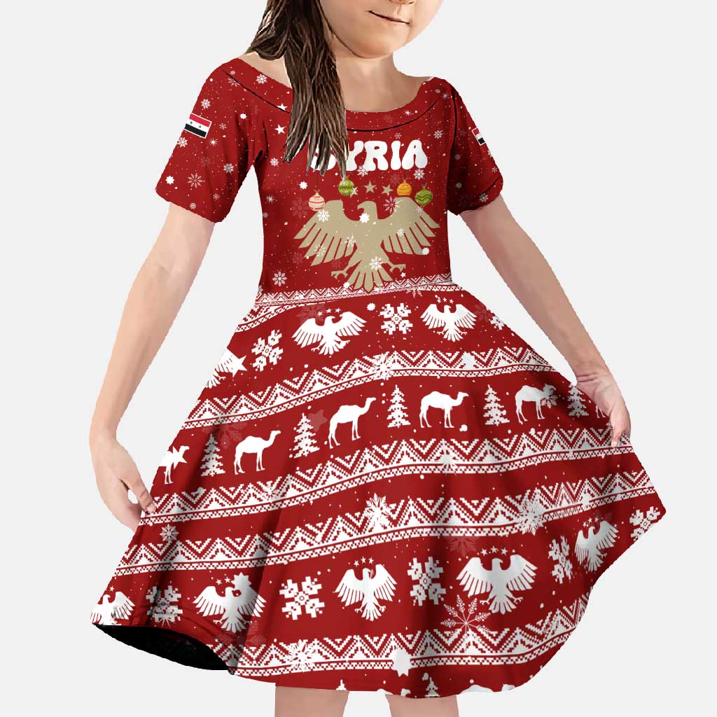 Syria Christmas Family Matching Off Shoulder Maxi Dress and Hawaiian Shirt with Golden Eagle Emblem Christmas Camel Scene - Wonder Print Shop