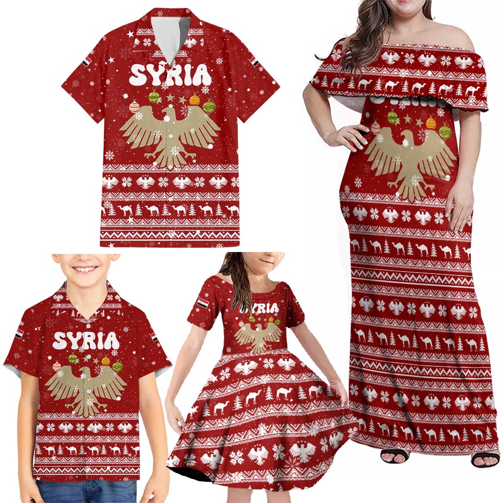 Syria Christmas Family Matching Off Shoulder Maxi Dress and Hawaiian Shirt with Golden Eagle Emblem Christmas Camel Scene - Wonder Print Shop