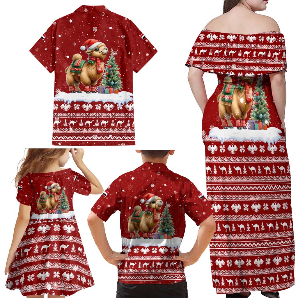 Syria Christmas Family Matching Off Shoulder Maxi Dress and Hawaiian Shirt with Golden Eagle Emblem Christmas Camel Scene - Wonder Print Shop