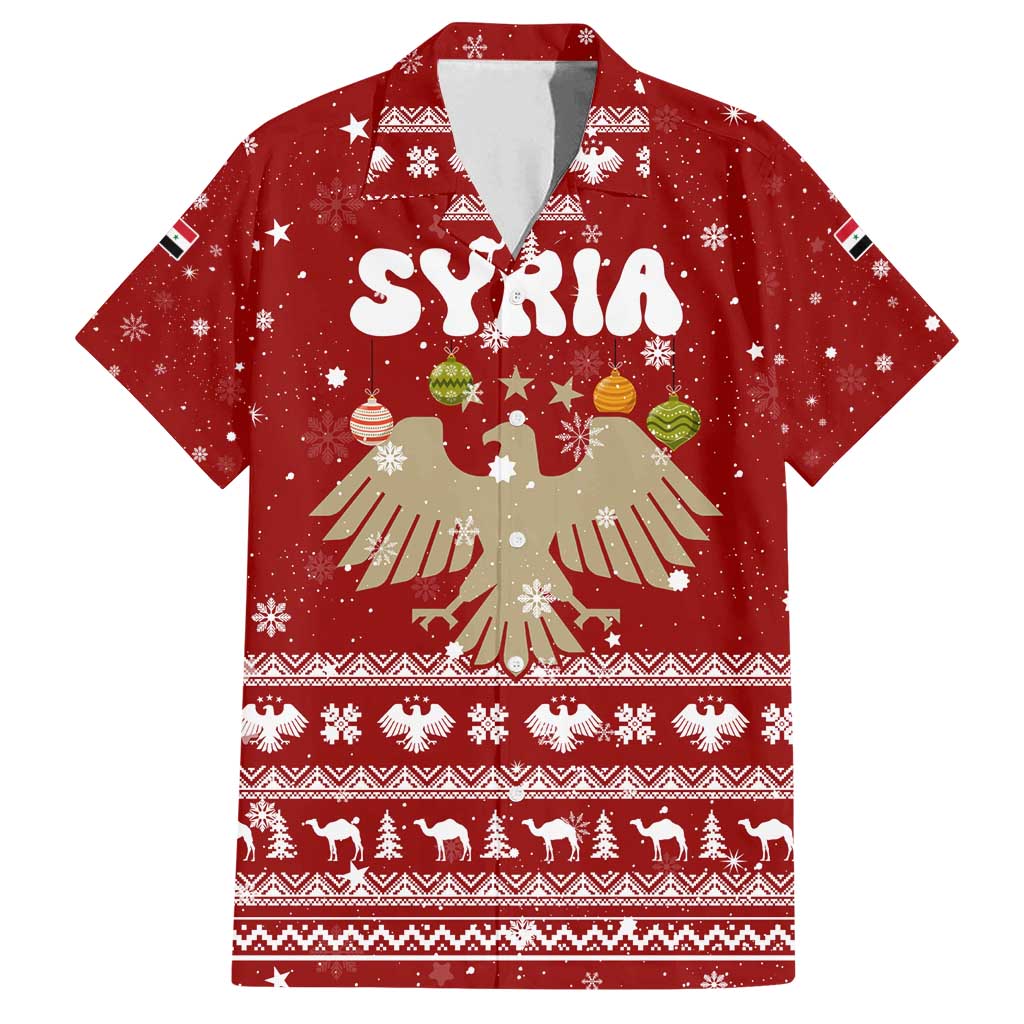 Syria Christmas Family Matching Off Shoulder Maxi Dress and Hawaiian Shirt with Golden Eagle Emblem Christmas Camel Scene - Wonder Print Shop