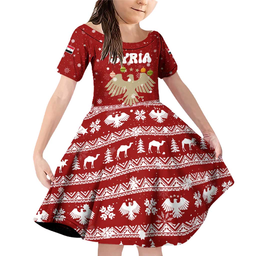 Syria Christmas Family Matching Off Shoulder Short Dress and Hawaiian Shirt with Golden Eagle Emblem Christmas Camel Scene - Wonder Print Shop