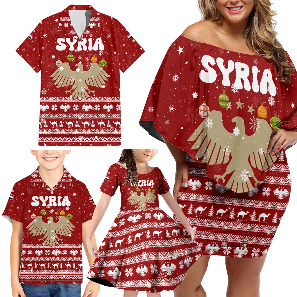 Syria Christmas Family Matching Off Shoulder Short Dress and Hawaiian Shirt with Golden Eagle Emblem Christmas Camel Scene - Wonder Print Shop