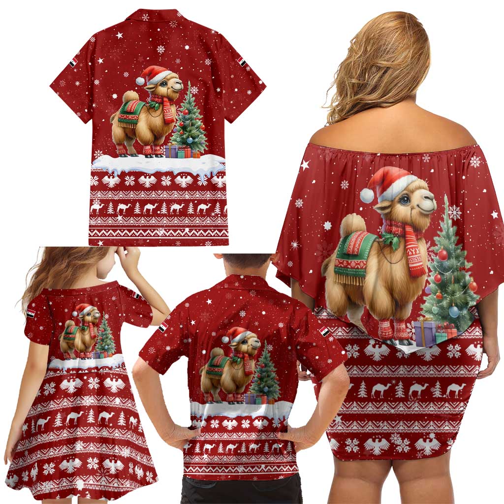 Syria Christmas Family Matching Off Shoulder Short Dress and Hawaiian Shirt with Golden Eagle Emblem Christmas Camel Scene - Wonder Print Shop