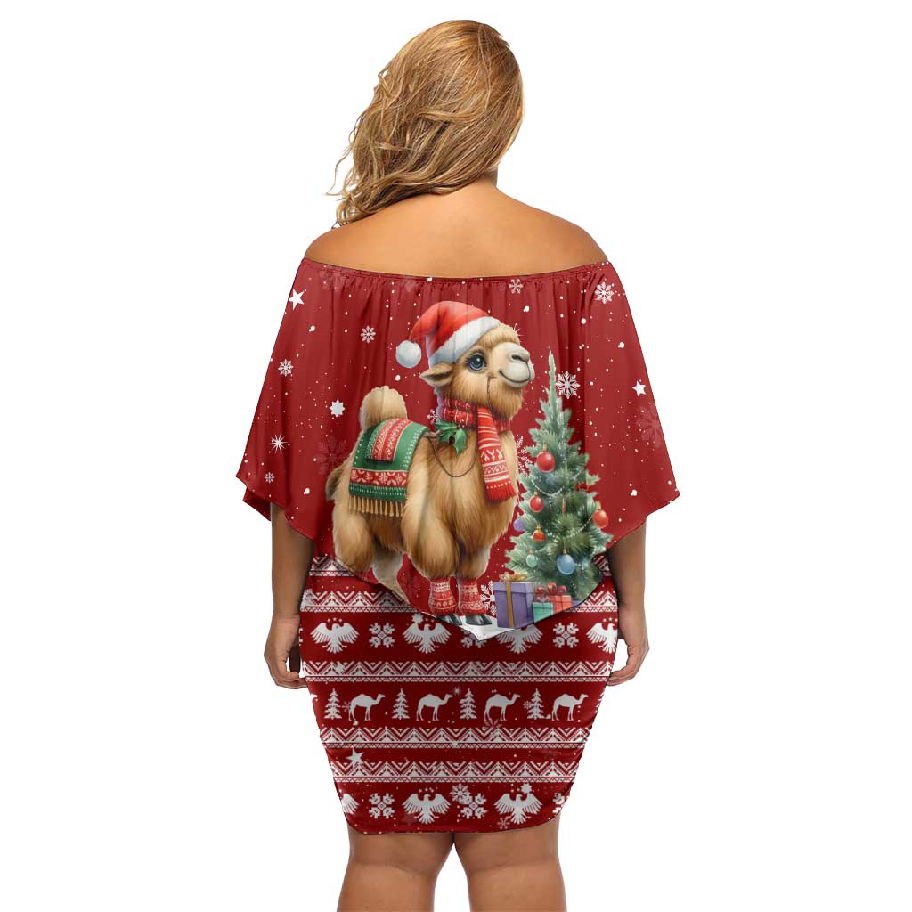 Syria Christmas Family Matching Off Shoulder Short Dress and Hawaiian Shirt with Golden Eagle Emblem Christmas Camel Scene - Wonder Print Shop
