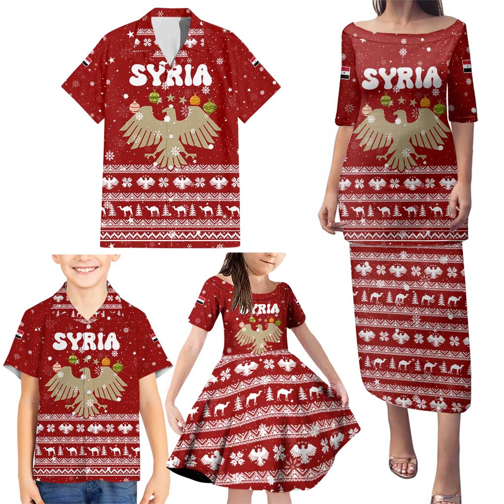 Syria Christmas Family Matching Puletasi and Hawaiian Shirt with Golden Eagle Emblem Christmas Camel Scene - Wonder Print Shop