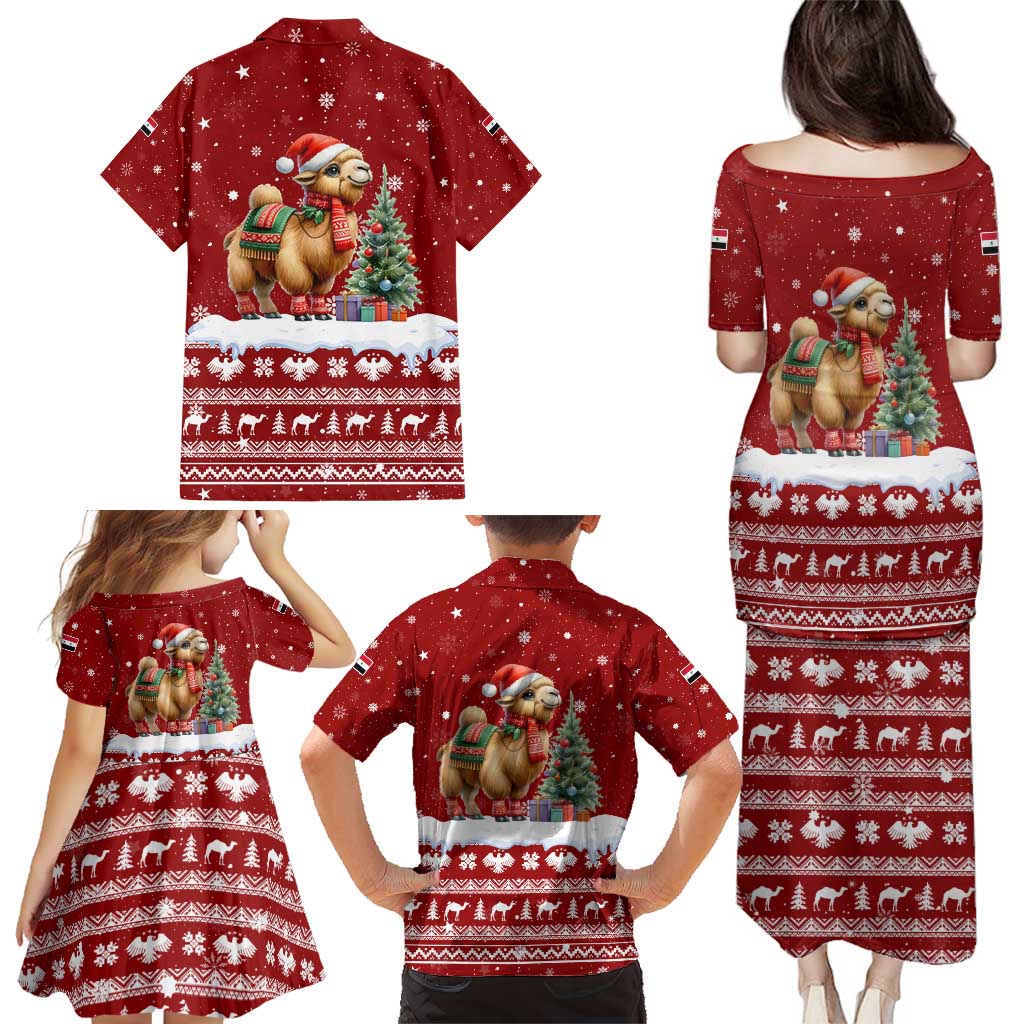 Syria Christmas Family Matching Puletasi and Hawaiian Shirt with Golden Eagle Emblem Christmas Camel Scene - Wonder Print Shop