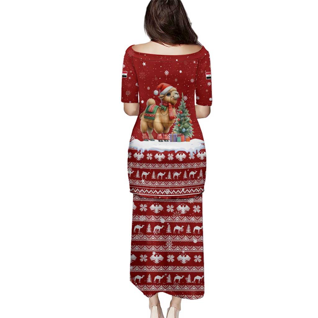Syria Christmas Family Matching Puletasi and Hawaiian Shirt with Golden Eagle Emblem Christmas Camel Scene - Wonder Print Shop