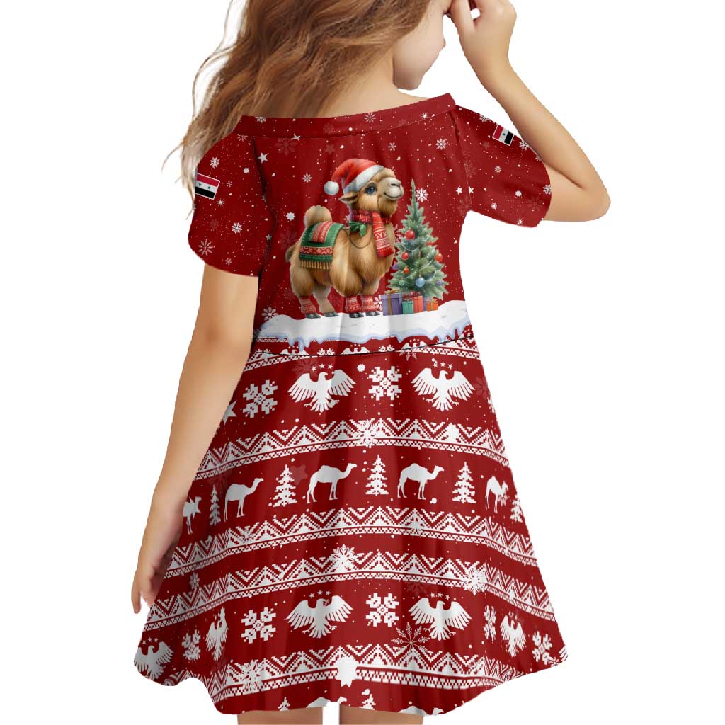 Syria Christmas Family Matching Short Sleeve Bodycon Dress and Hawaiian Shirt with Golden Eagle Emblem Christmas Camel Scene - Wonder Print Shop