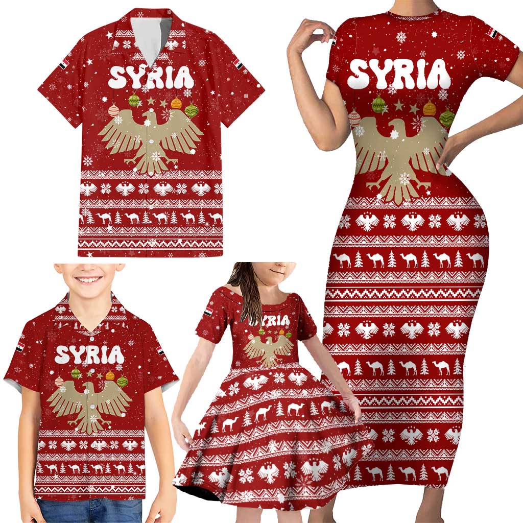 Syria Christmas Family Matching Short Sleeve Bodycon Dress and Hawaiian Shirt with Golden Eagle Emblem Christmas Camel Scene - Wonder Print Shop