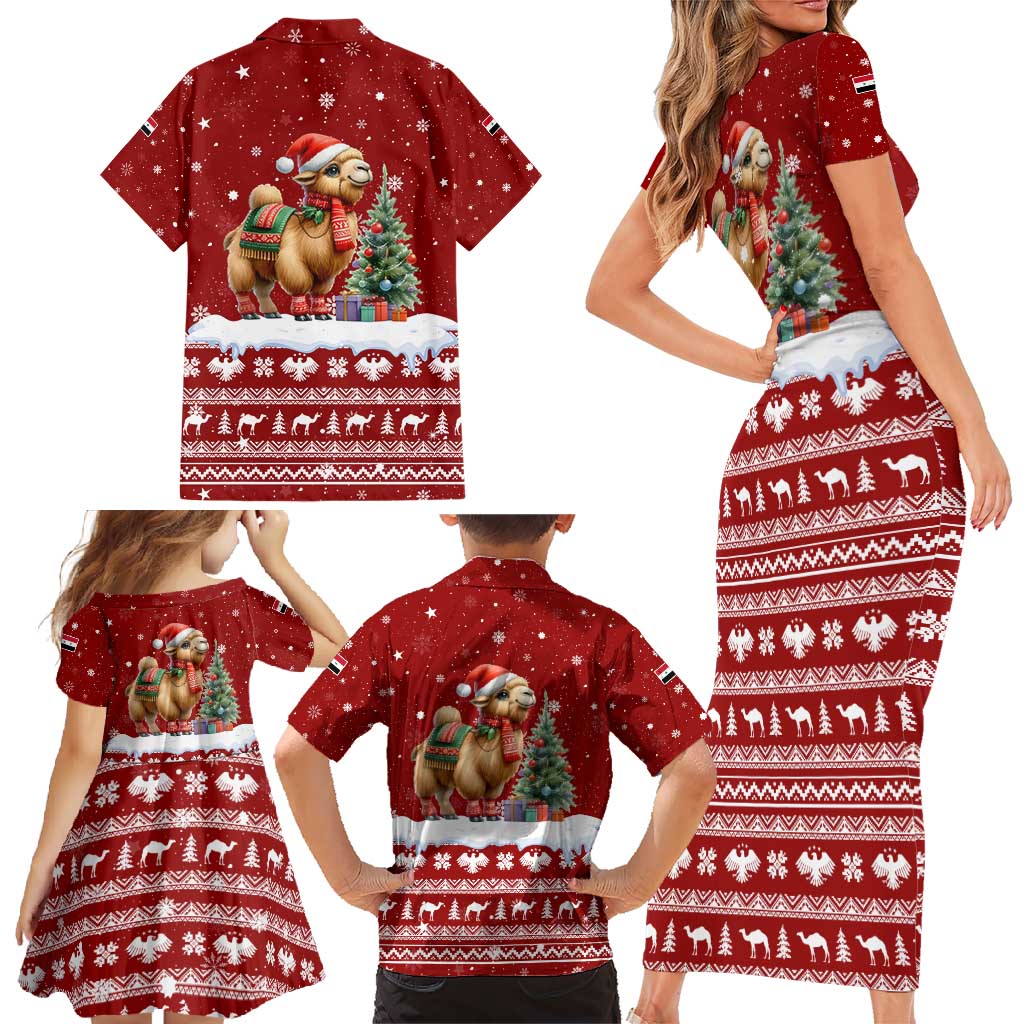 Syria Christmas Family Matching Short Sleeve Bodycon Dress and Hawaiian Shirt with Golden Eagle Emblem Christmas Camel Scene - Wonder Print Shop