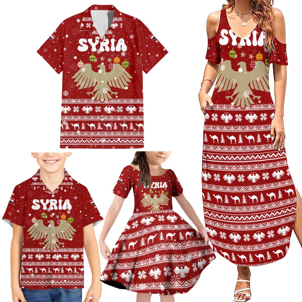 Syria Christmas Family Matching Summer Maxi Dress and Hawaiian Shirt with Golden Eagle Emblem Christmas Camel Scene - Wonder Print Shop