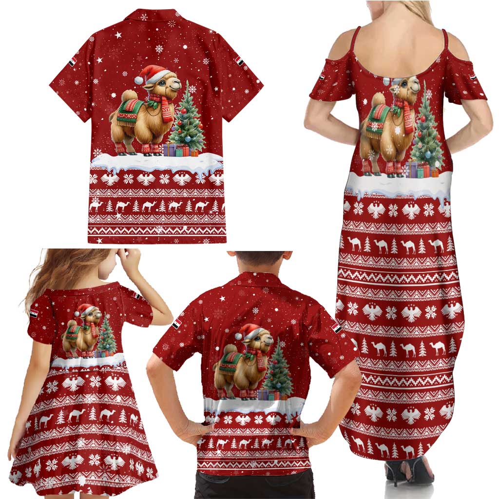 Syria Christmas Family Matching Summer Maxi Dress and Hawaiian Shirt with Golden Eagle Emblem Christmas Camel Scene - Wonder Print Shop