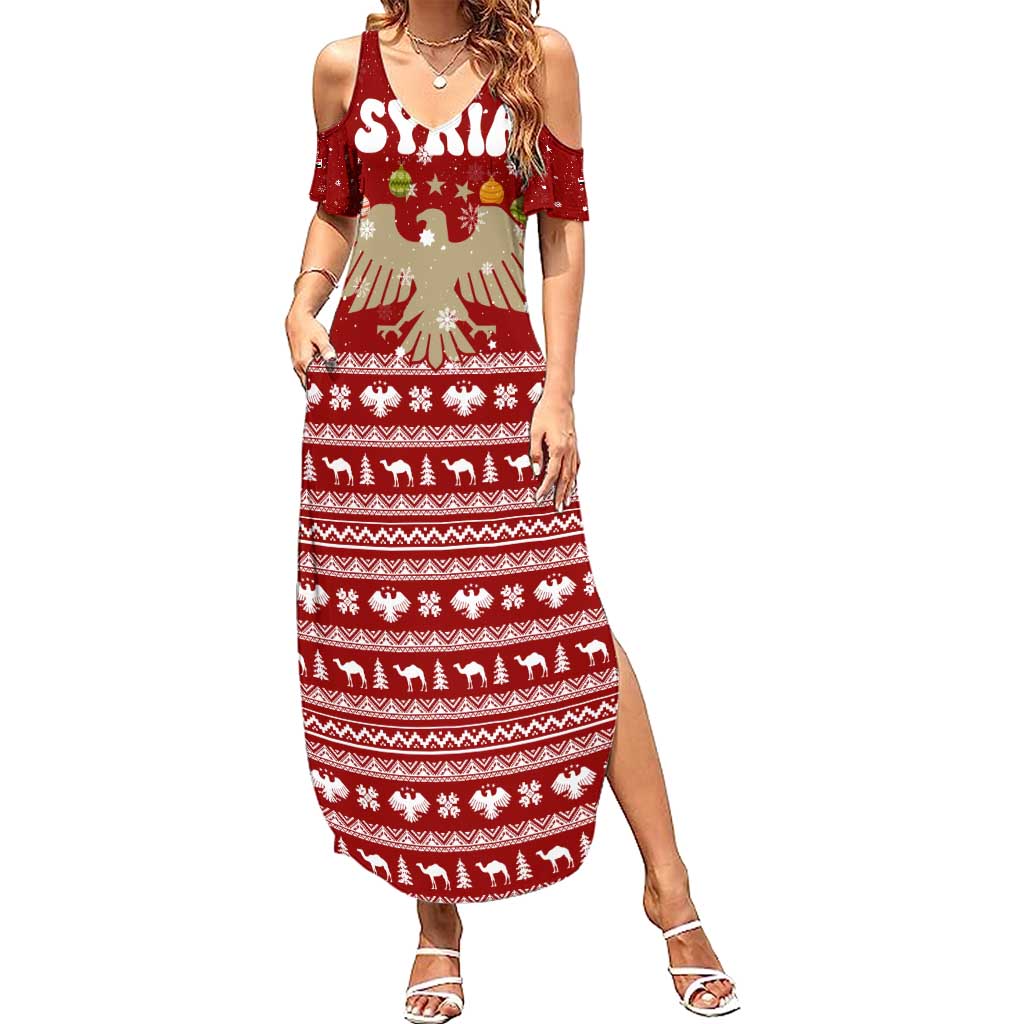 Syria Christmas Family Matching Summer Maxi Dress and Hawaiian Shirt with Golden Eagle Emblem Christmas Camel Scene - Wonder Print Shop