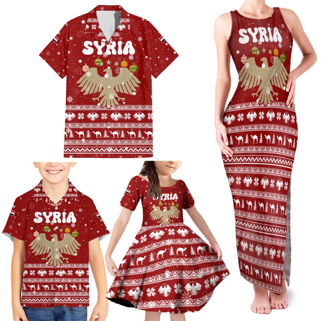 Syria Christmas Family Matching Tank Maxi Dress and Hawaiian Shirt with Golden Eagle Emblem Christmas Camel Scene - Wonder Print Shop