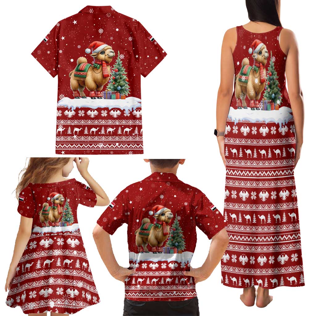 Syria Christmas Family Matching Tank Maxi Dress and Hawaiian Shirt with Golden Eagle Emblem Christmas Camel Scene - Wonder Print Shop