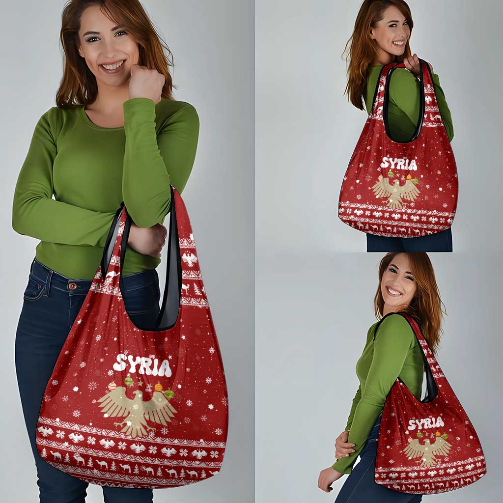Syria Christmas Grocery Bag with Golden Eagle Emblem Christmas Camel Scene - Wonder Print Shop